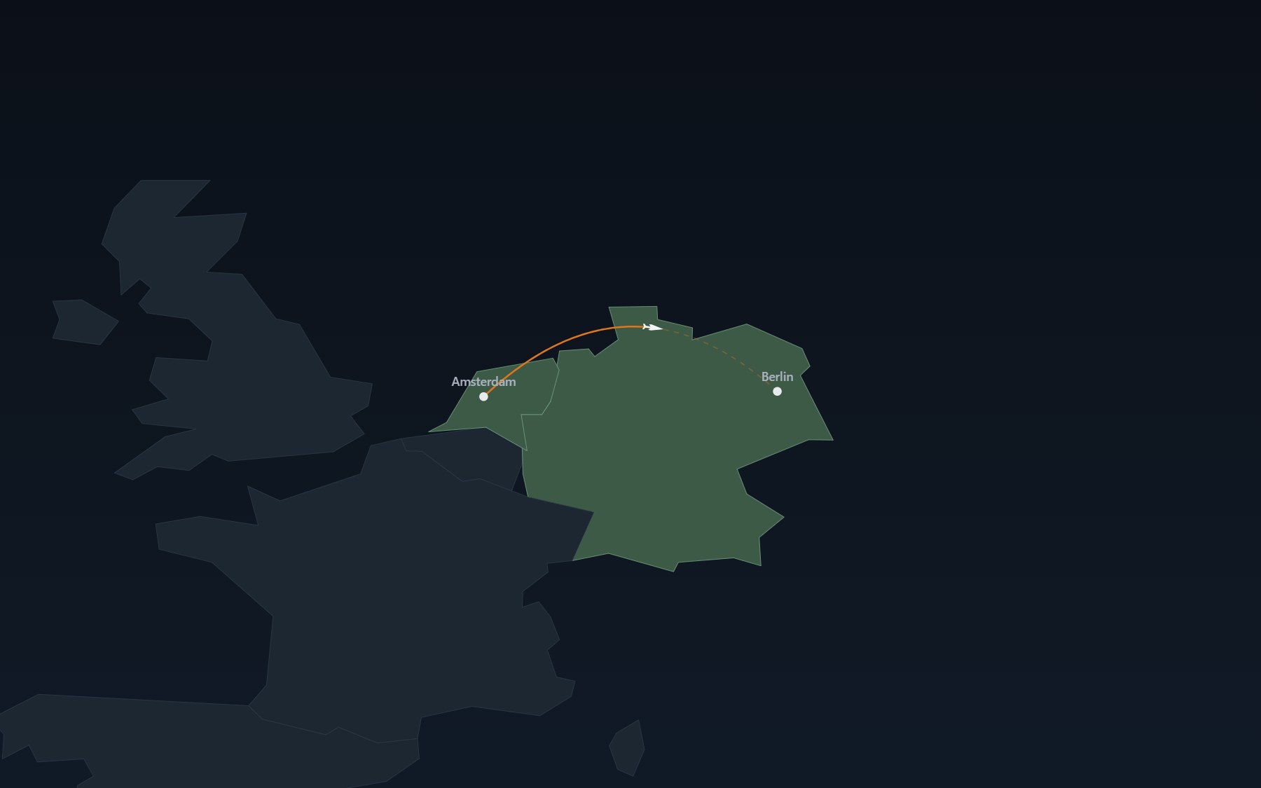The plane on its way from Amsterdam to Berlin, drawn over the map