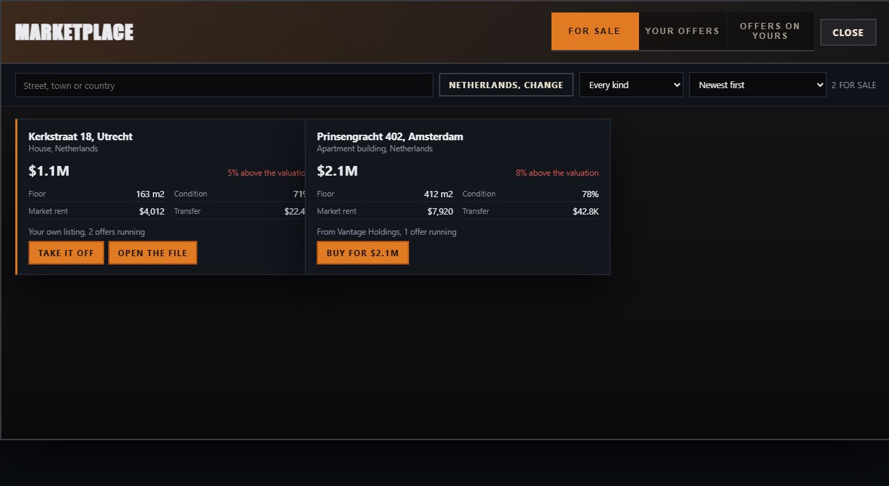 The marketplace with listings, asking prices and how far they sit from the valuation