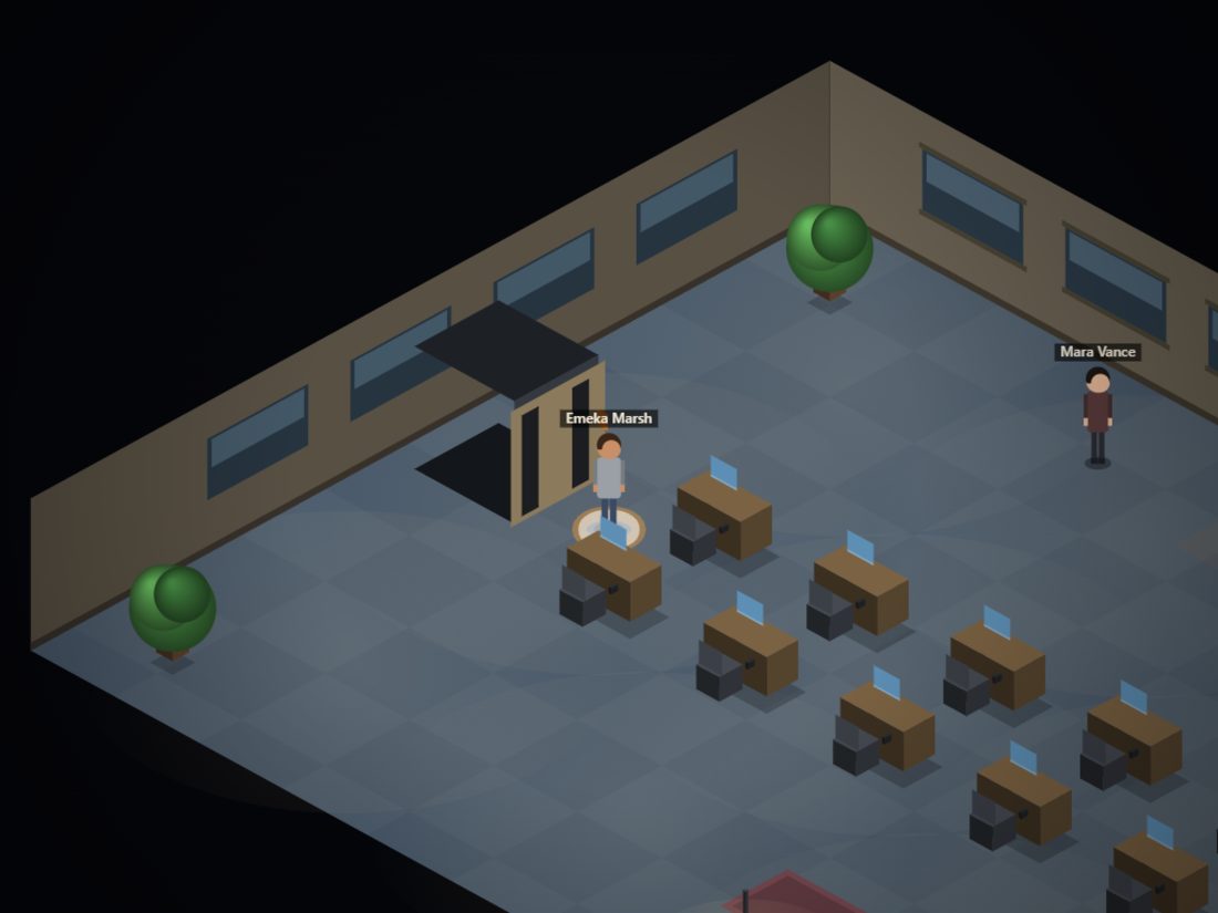 A floor of the headquarters seen from above, with desks, staff and the lift